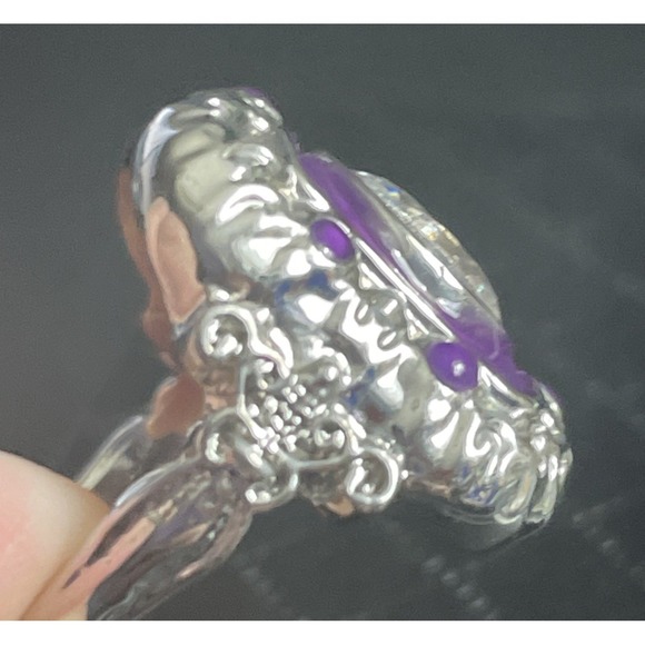 Art Deco Revival Ring Size 5.5 Solitaire Rhinestone Silver Tone Purple Enamel - Picture 9 of 13